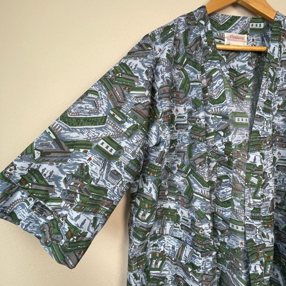 Pleetway Kimono Robe Mens One Size Blue Green Excellent Japanese Village Vintage - Picture 6 of 7